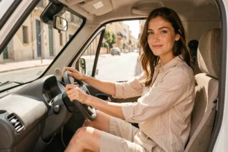 Jeune femme conduisant une voiture sans permis dans les rues de Marseille par une journée ensoleillée