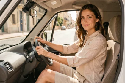 Jeune femme conduisant une voiture sans permis dans les rues de Marseille par une journée ensoleillée