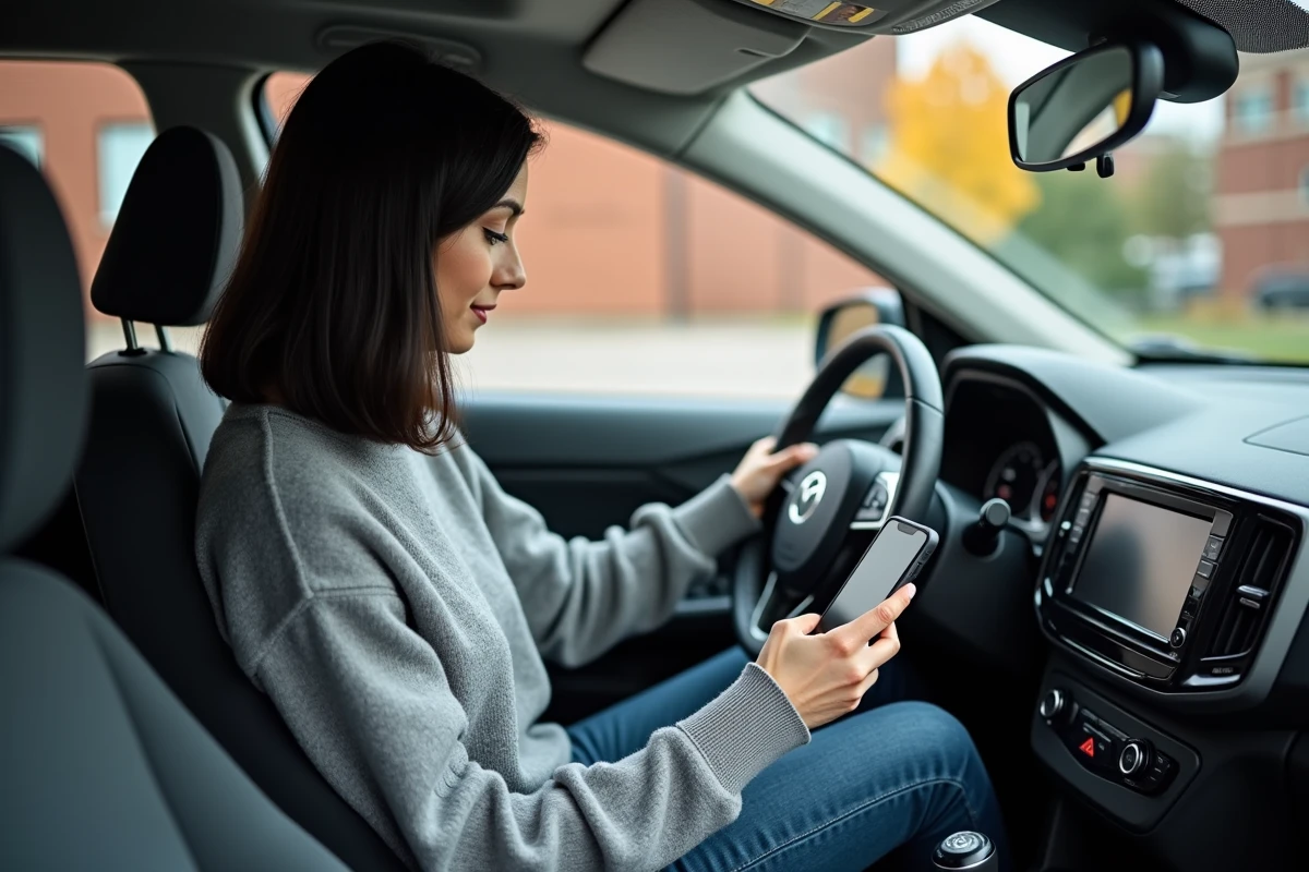 Femme automobiliste consultant un site d'information auto sur son smartphone depuis son véhicule