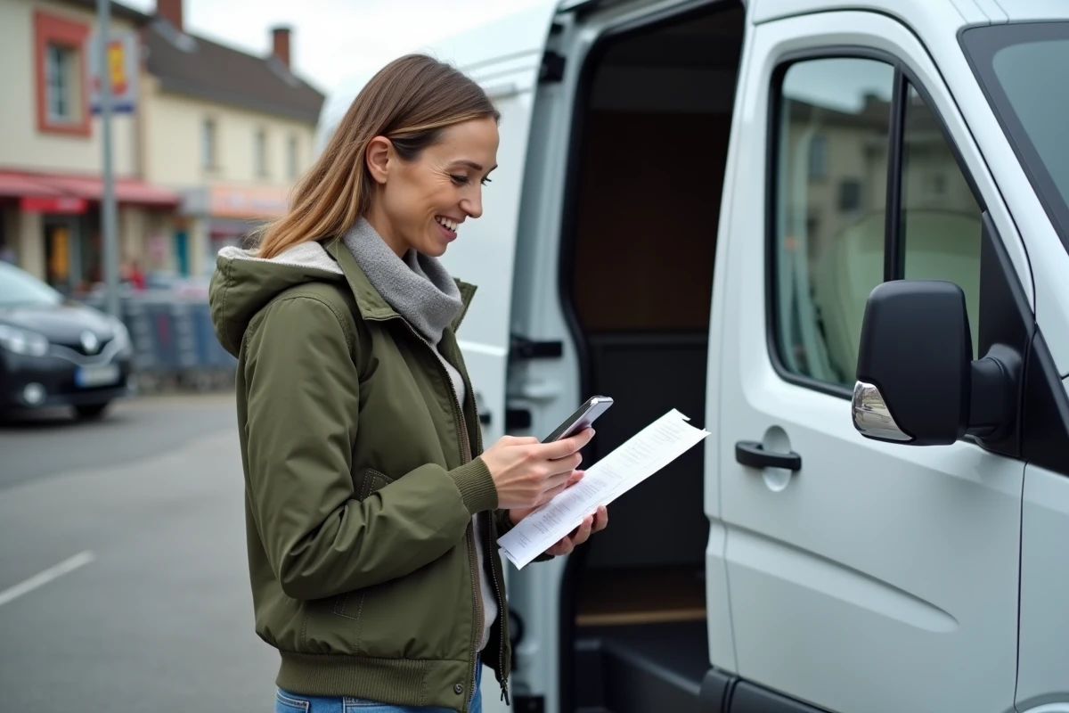 Femme consultant un contrat de location utilitaire Super U devant un van blanc en stationnement