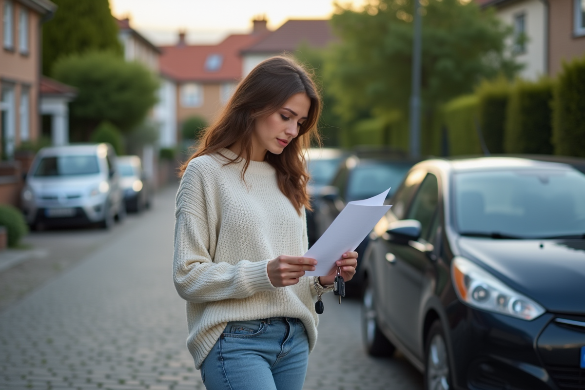 Jeune femme regarde une contravention avec inquiétude