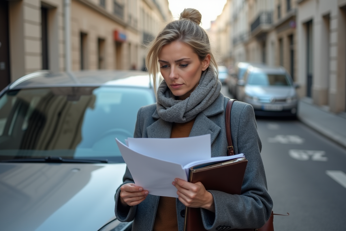 Femme regardant des documents devant sa voiture en ville