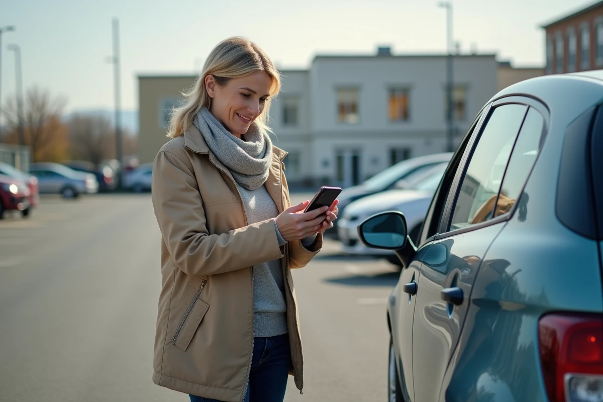 Femme regardant un rapport historique de voiture dehors