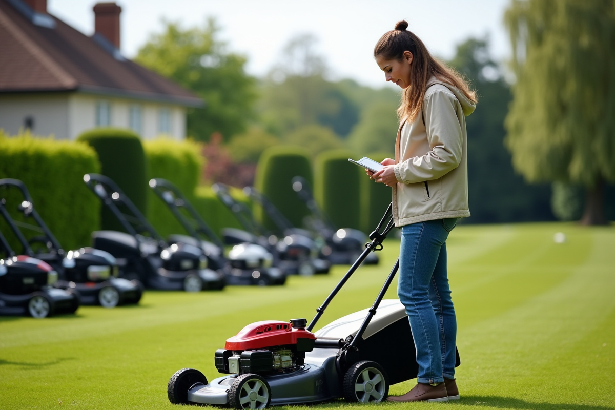 Jeune femme regardant une étiquette sur une tondeuse dans le jardin