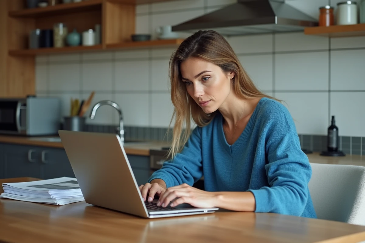 Femme lit un document technique à la maison