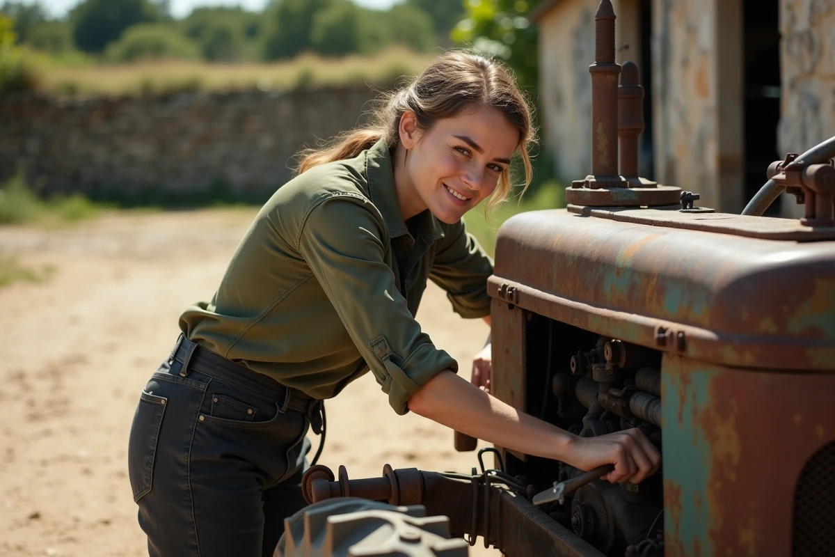 Femme mécanicienne travaillant sur une machine agricole dans une ferme des Landes