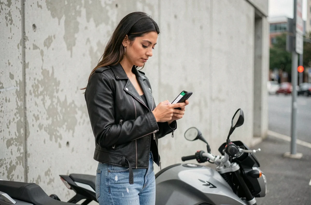 Femme motarde consultant un devis assurance moto sur smartphone à côté de sa moto garée en ville