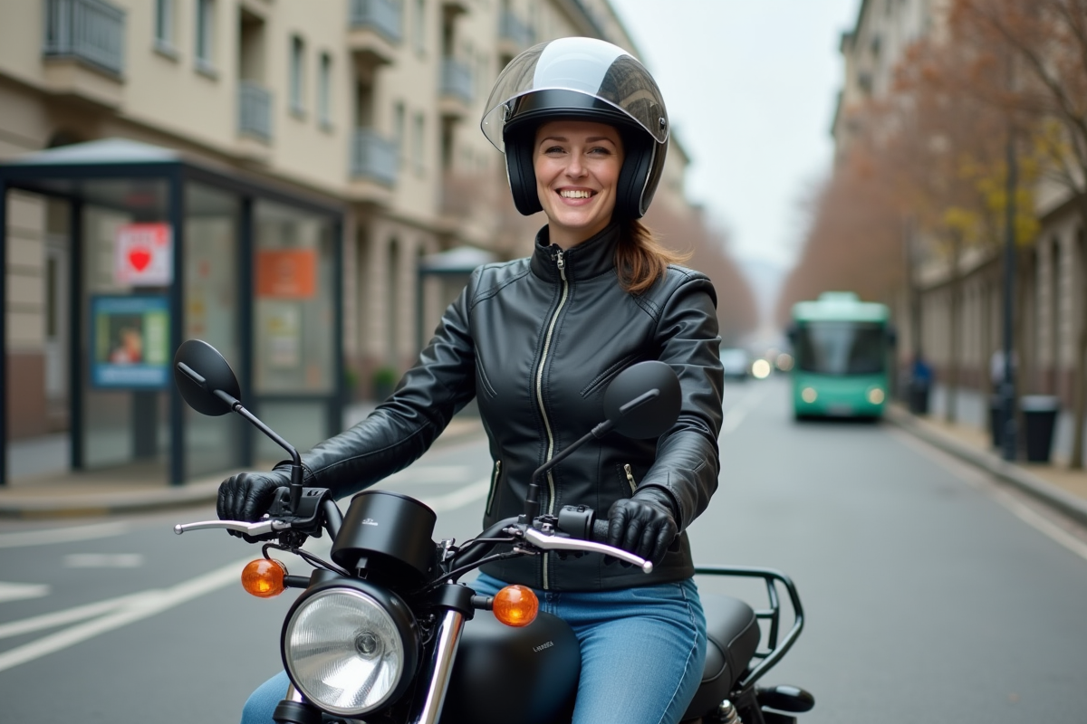 Femme en moto dans une rue urbaine