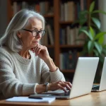 Femme âgée compare deux écrans d'ordinateur dans un bureau lumineux