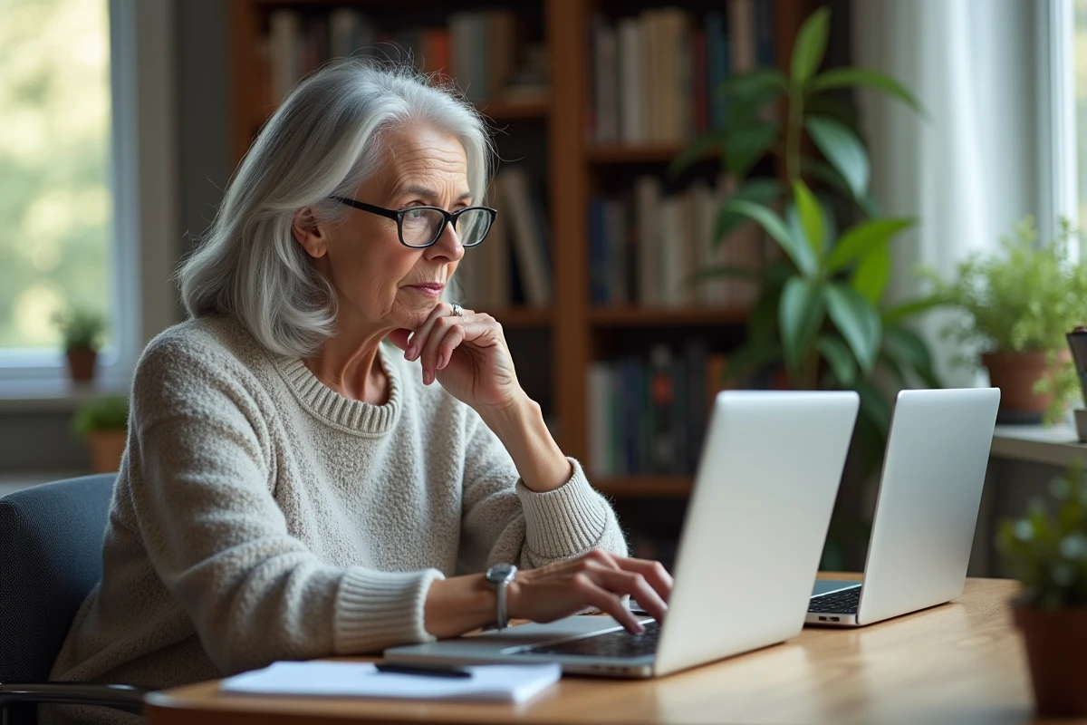 Femme âgée compare deux écrans d'ordinateur dans un bureau lumineux