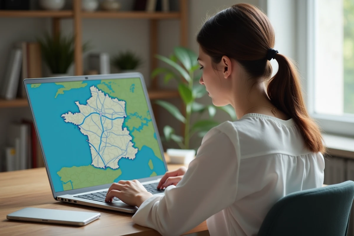 Jeune femme regardant une carte en ligne sur son ordinateur