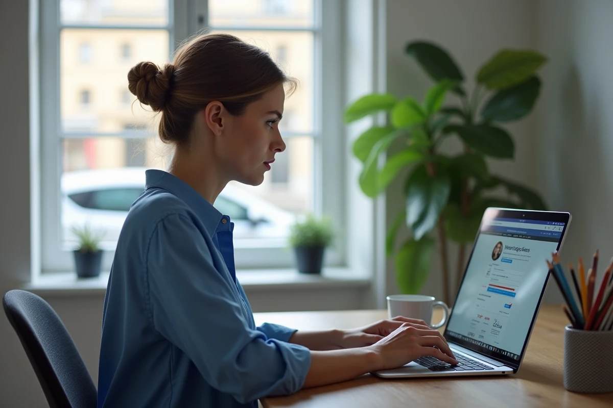 Femme au bureau tapant sur son ordinateur avec voiture en arrière-plan