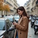 Femme parisienne en street style regardant son smartphone