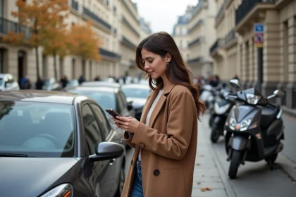 Femme parisienne en street style regardant son smartphone