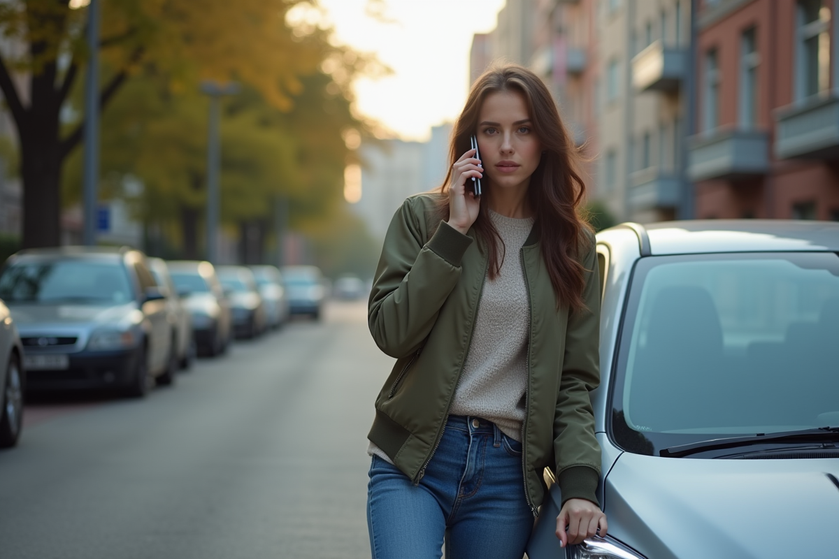 Jeune femme parlant au téléphone devant sa voiture en ville