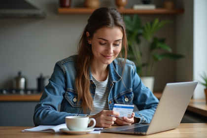 Femme examine son permis de conduire français à la maison