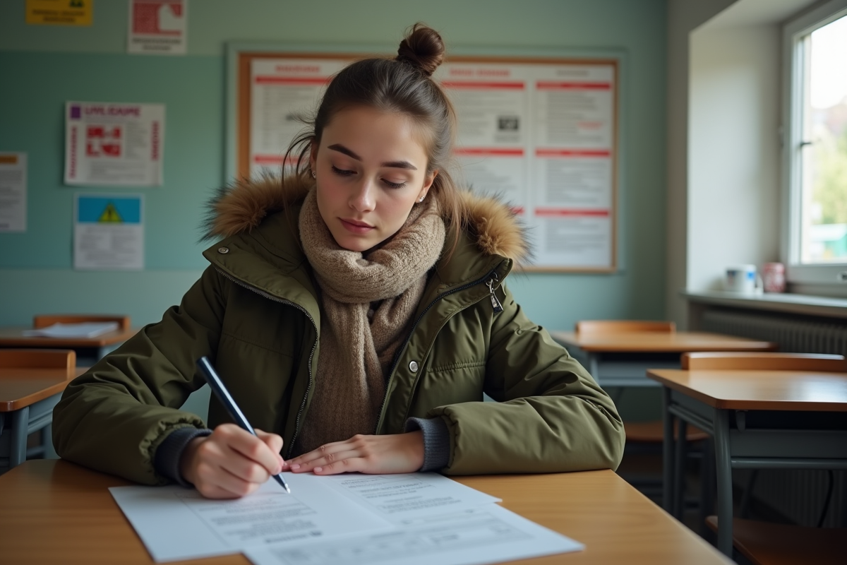 Jeune femme en classe de conduite remplissant un formulaire
