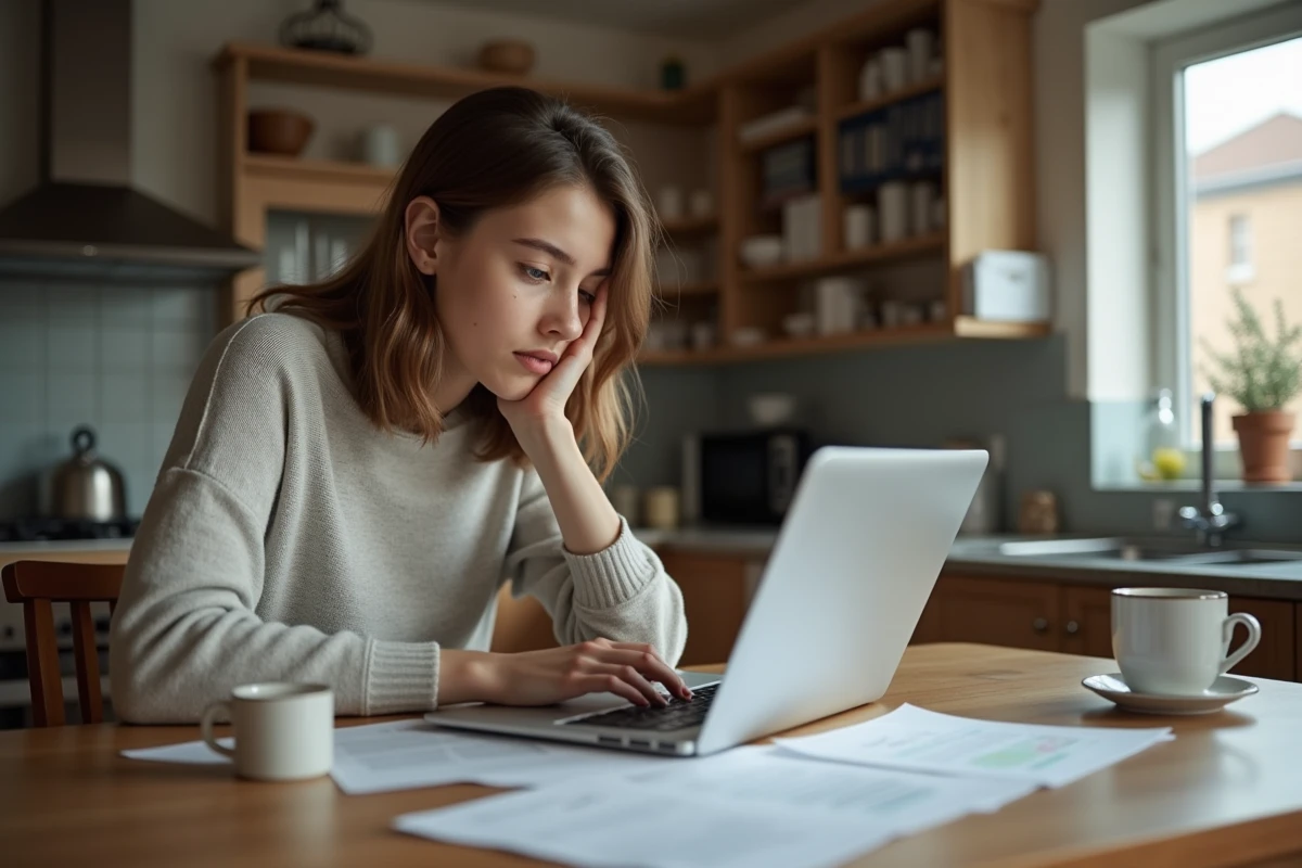 Jeune femme remplissant un formulaire dans sa cuisine