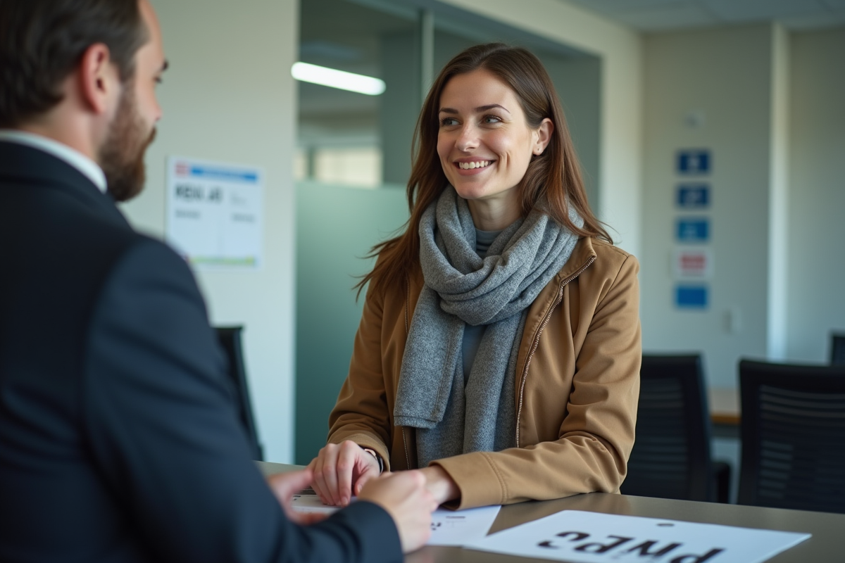 Femme remet anciennes plaques à un agent en intérieur