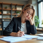 Femme en bureau à domicile signant un document avec confiance