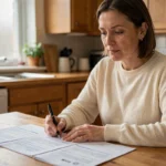 Femme signant un contrat d'assurance auto à la maison, documents étalés sur une table en bois