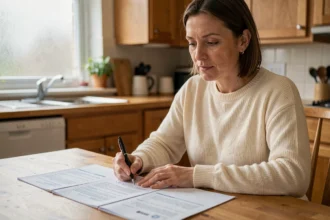 Femme signant un contrat d'assurance auto à la maison, documents étalés sur une table en bois