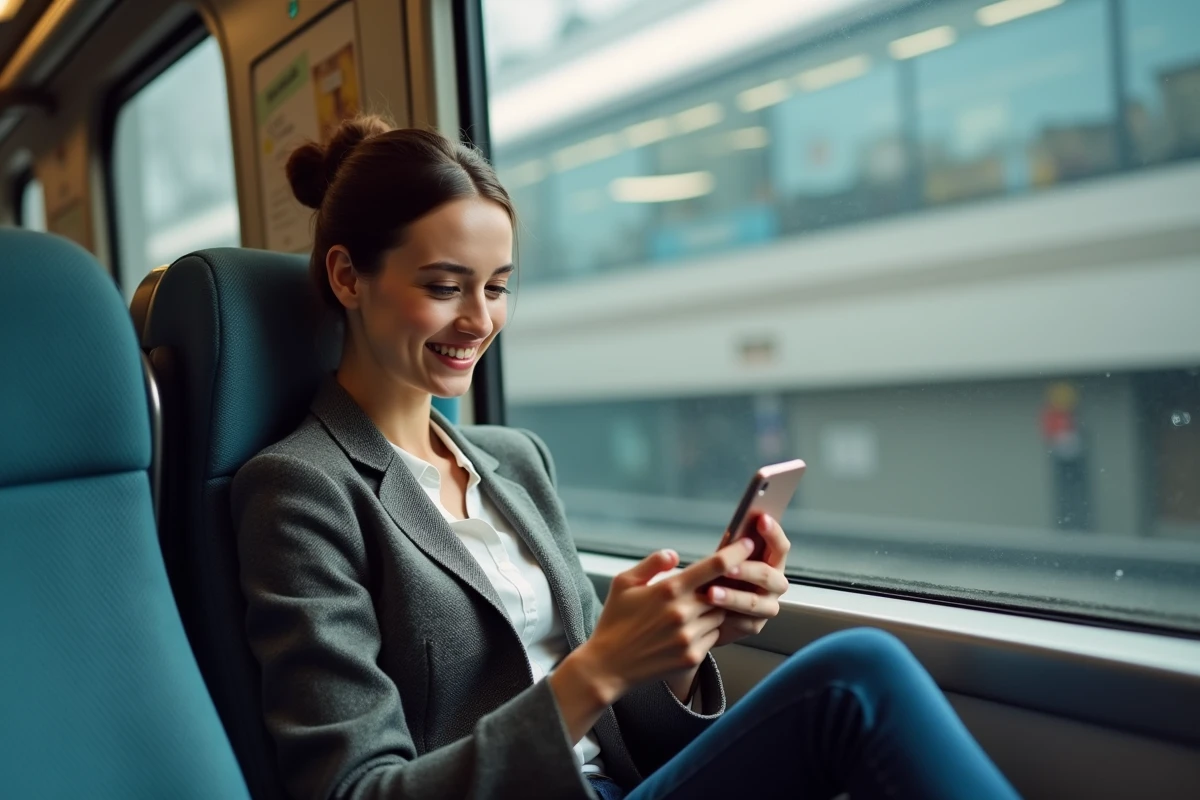 Femme souriante utilisant autofantom dans le train