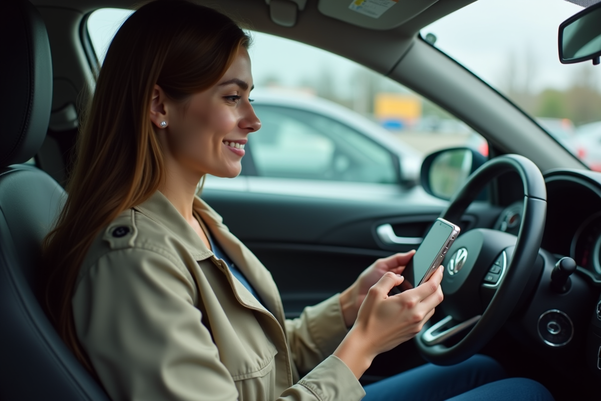 Jeune femme utilisant son smartphone dans sa voiture
