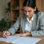 Femme consultant un tableau de conversion CC en CV pour assurance auto à son bureau