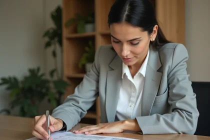Femme consultant un tableau de conversion CC en CV pour assurance auto à son bureau
