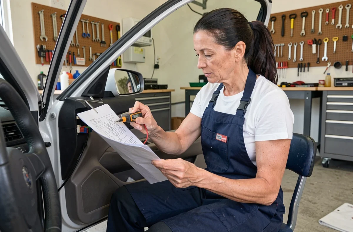 Femme technicienne vérifiant le schéma de câblage d'un autoradio avec un multimètre dans un garage