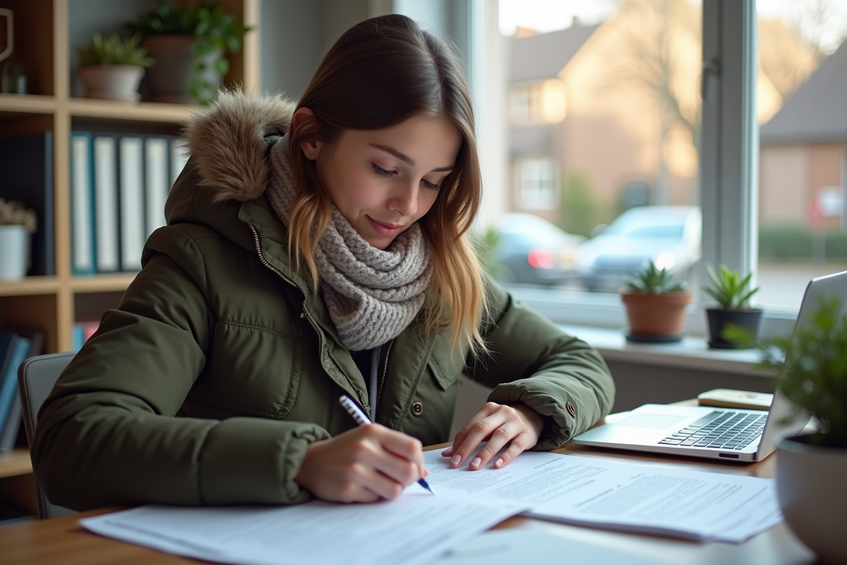 Femme jeune remplissant documents d