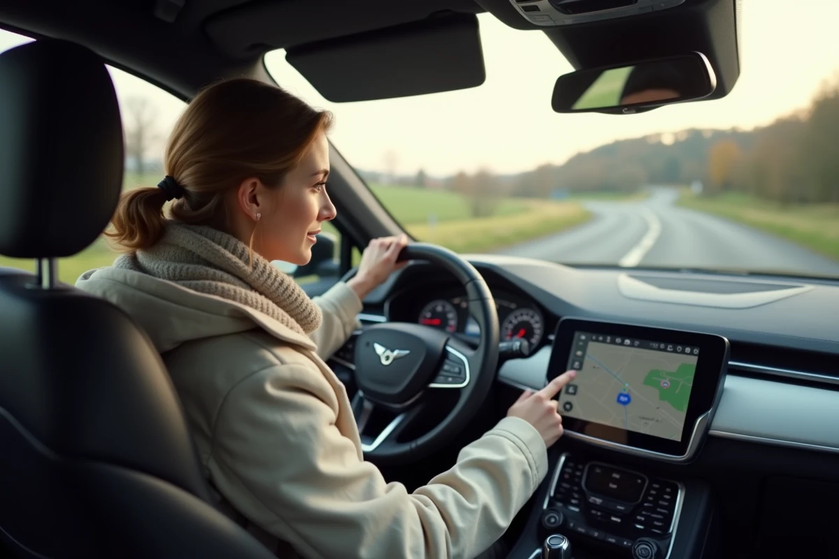 Jeune femme utilisant un GPS tactile dans sa voiture en voyage