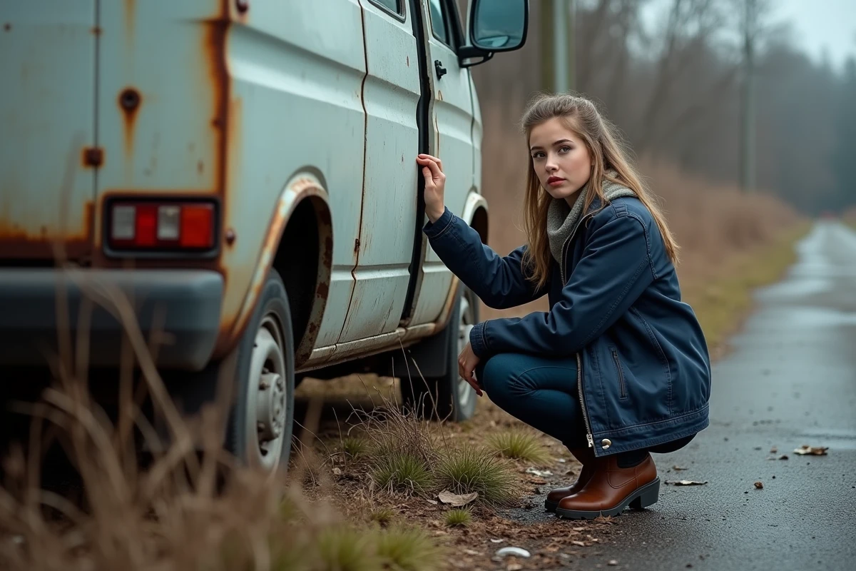 Jeune femme inspectant un van abandonné dans un terrain rural en friche