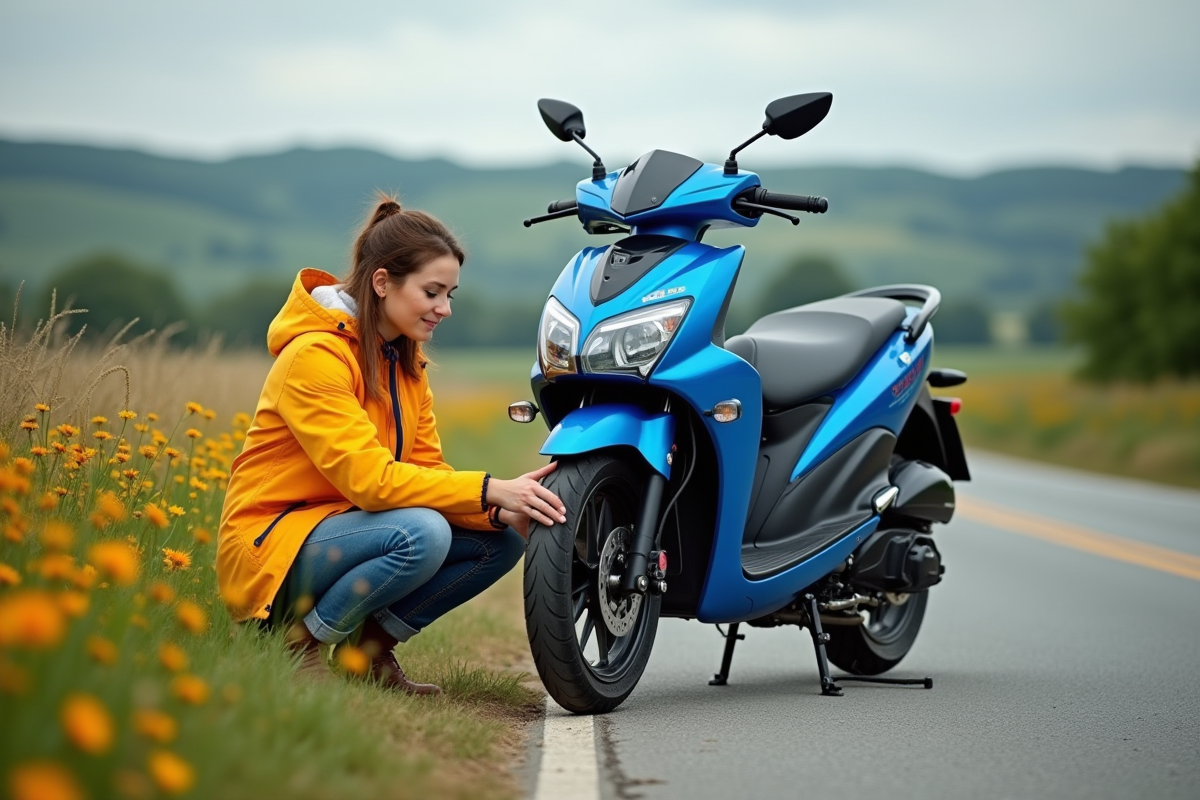 Femme vérifiant la pression de son moto 125cc en campagne