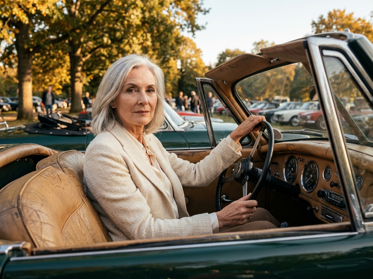 Femme élégante au volant d'une décapotable de collection des années 50 lors d'un rassemblement de voitures anciennes en automne