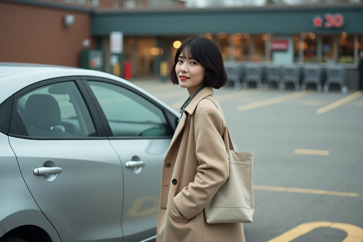 Jeune femme sortant d'une petite voiture essence dans un parking urbain près d'un supermarché