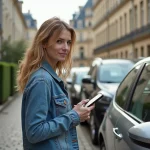 Femme examinant un panneau de stationnement près de Versailles