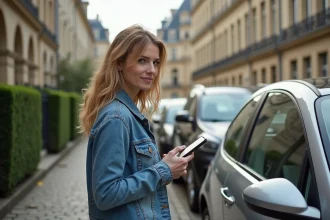 Femme examinant un panneau de stationnement près de Versailles