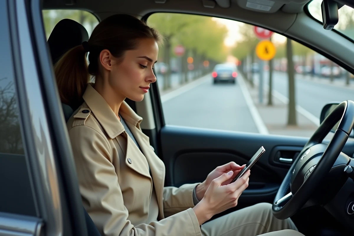 Femme regardant son smartphone dans une Peugeot 206 au centre-ville