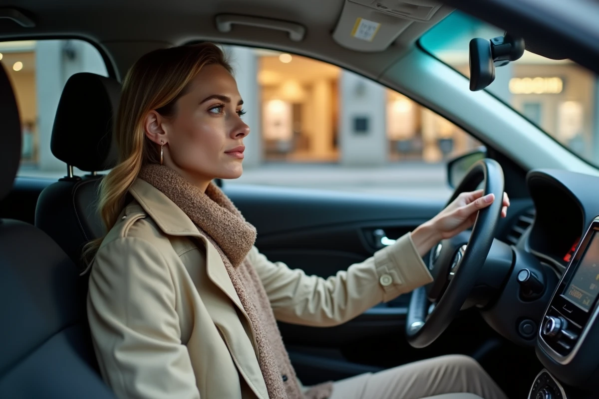 Femme dans la Renault 12 2026 sur une rue pavée