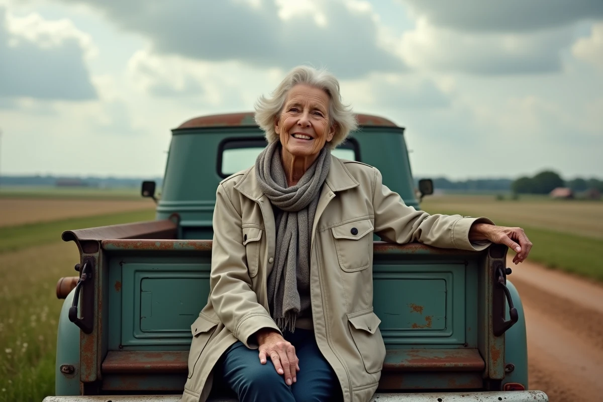 Femme souriante assise sur une vieille camionnette dans la campagne