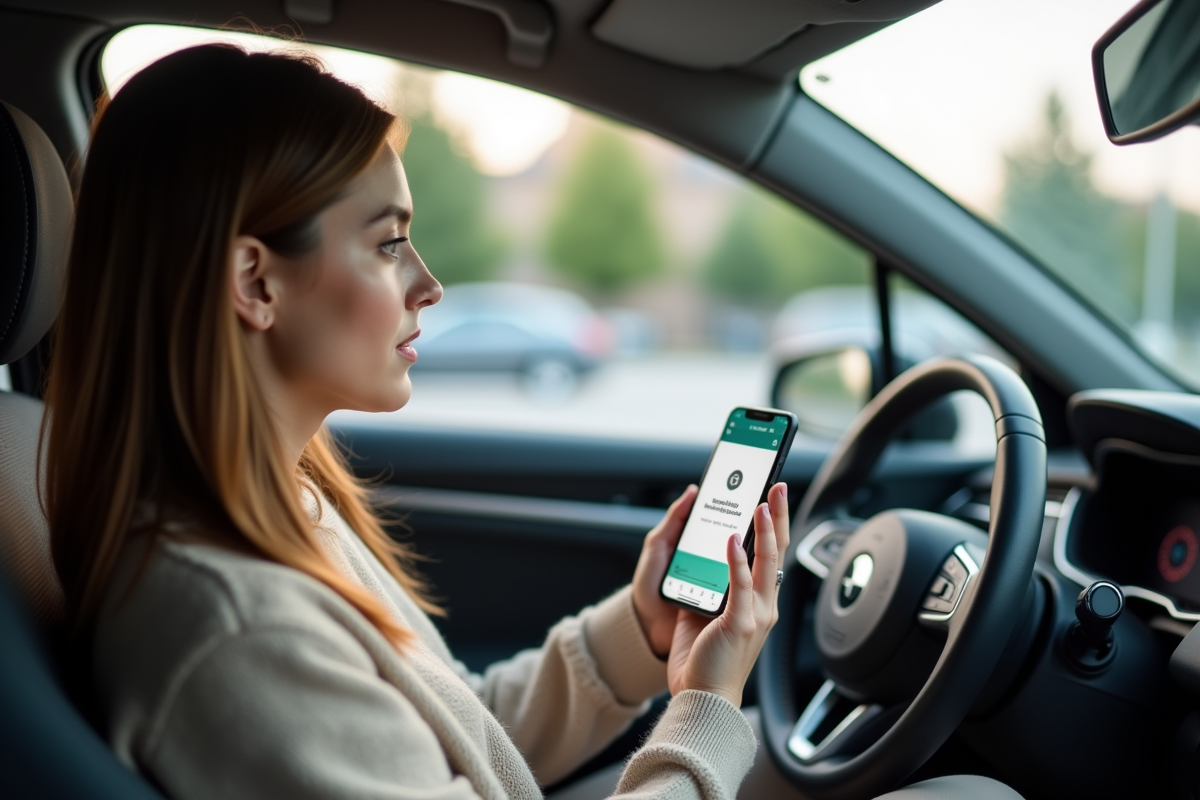 Jeune femme dans une voiture avec application d