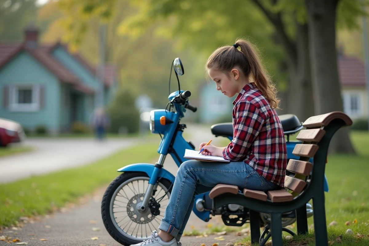 Fille de 14 ans assise avec moto 50cc dans un parc