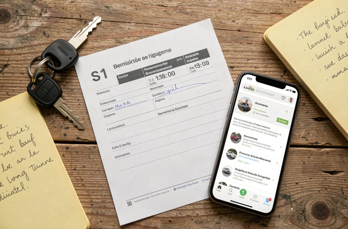 Vue de dessus du document S1 de carte grise avec clés de véhicule utilitaire et notes administratives