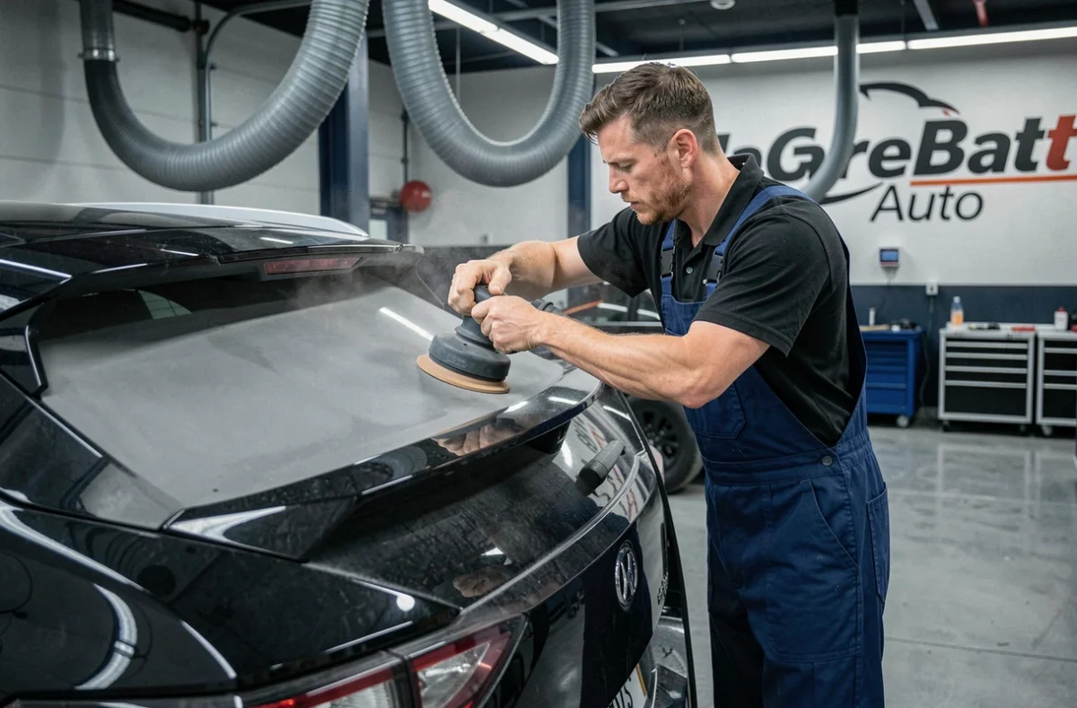 Technicien de Garage Batts Auto ponçant le toit d'un crossover noir avec une ponceuse orbitale dans un atelier moderne