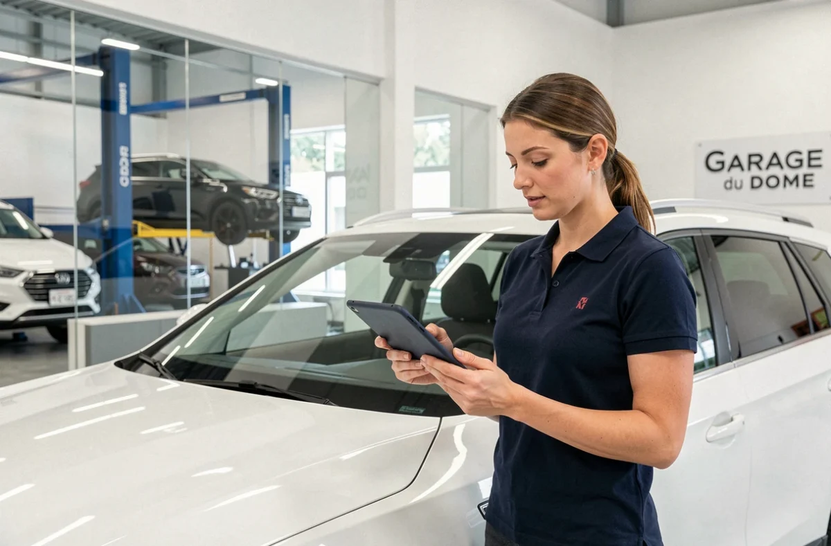 Réceptionniste du Garage du Dome examinant un diagnostic de carrosserie sur tablette à côté d'un SUV blanc dans un espace d'accueil moderne