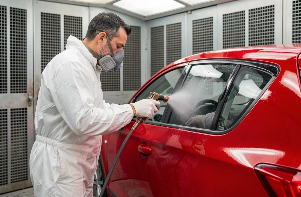 Peintre carrossier du Garage Giamson appliquant de la peinture rouge sur une voiture dans une cabine de peinture professionnelle