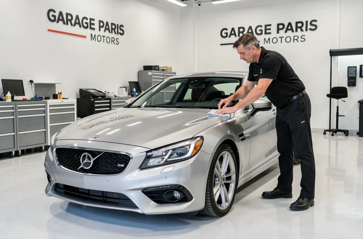 Technicien de Garage Paris Motors en train de polir le capot d'un coupé argenté dans un atelier moderne aux sols blancs immaculés