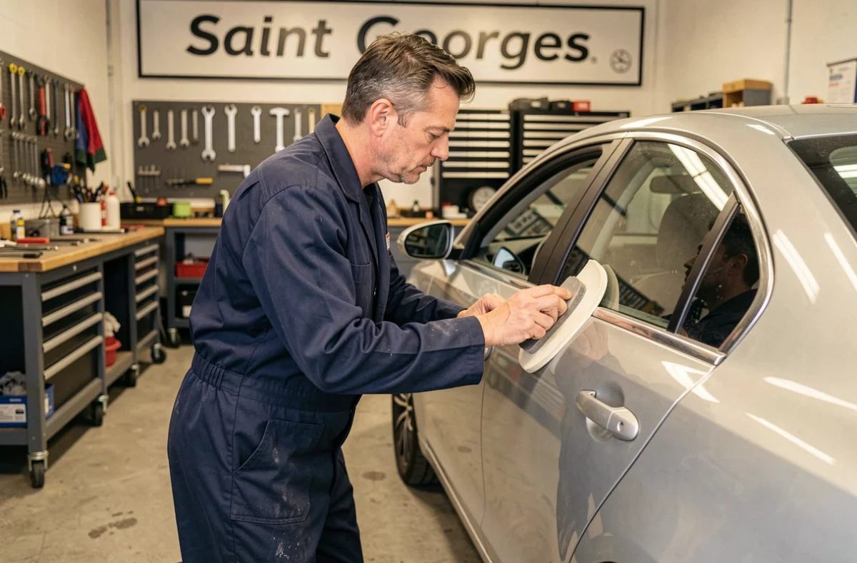Technicien du Garage Saint Georges effectuant un ponçage minutieux sur la carrosserie d'une berline argentée dans un atelier parisien bien organisé